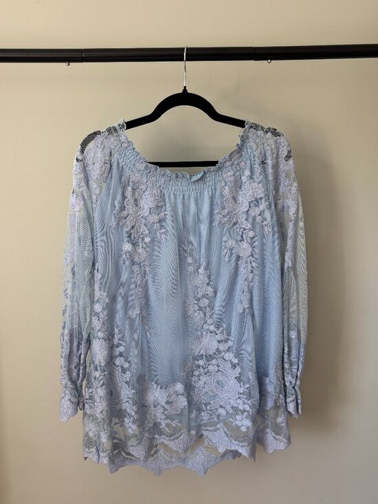 Marled Tops - Marled Chambray Blue Off-Shoulder Lace Blouse Large NWT